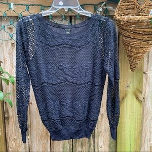Ann Taylor knit, open net body, long sleeve navy blouse size XS
